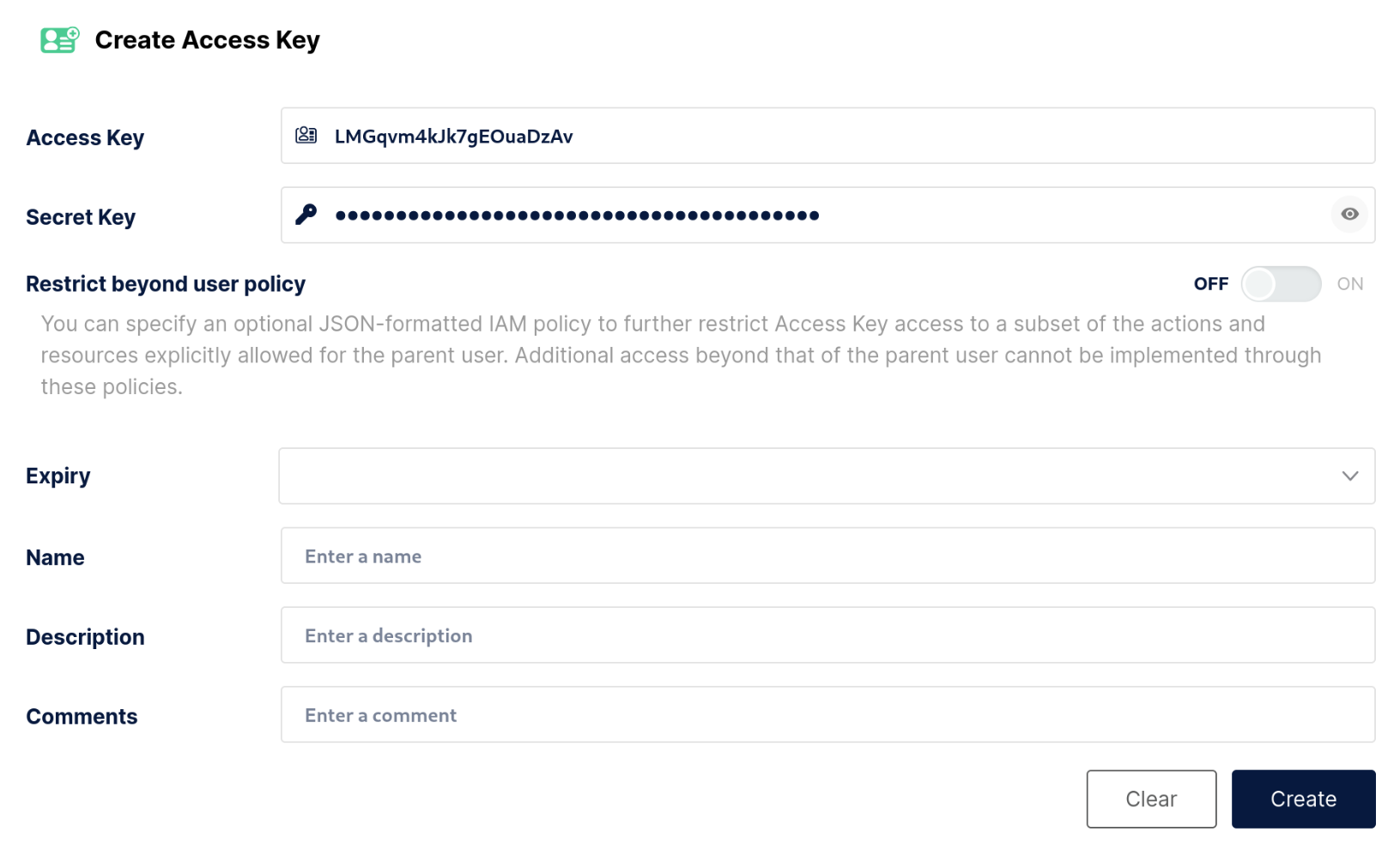 MinIO access key creation form